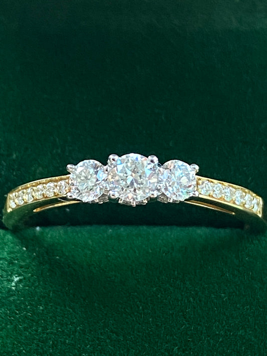 18k Yellow Gold & Diamond Trilogy Engagement Ring 0.5 CTW (Size Q)