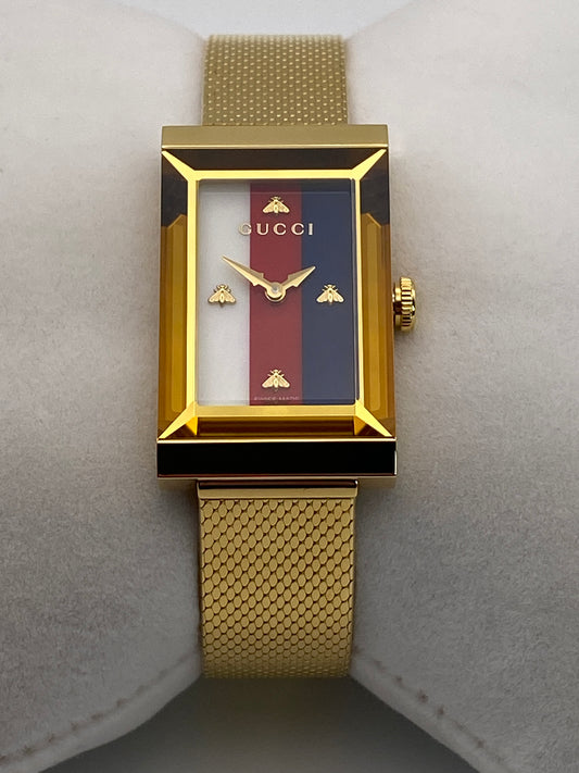 Gucci Watch G-Frame Ladies 21mm Stripe Yellow Gold PVD Bracelet (YA147410)